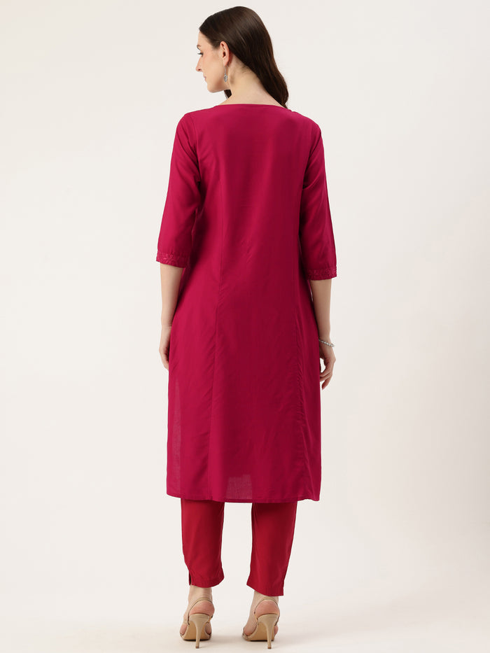 Red Round Neck Embroidery Kurta