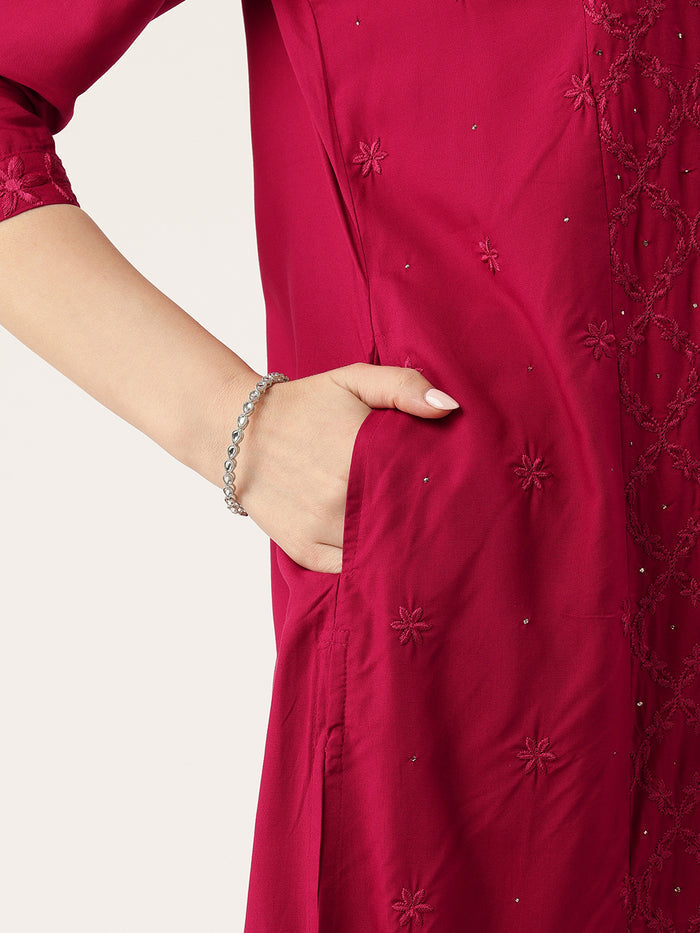 Red Round Neck Embroidery Kurta