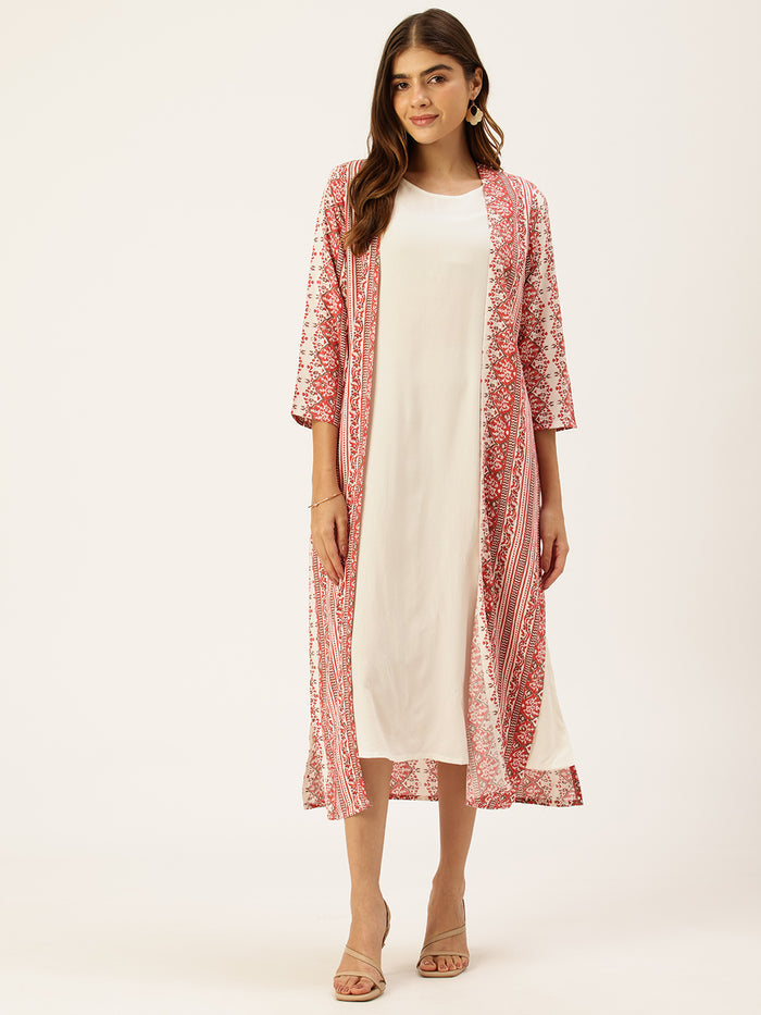 Red & White Printed Midi Dress With Shrug