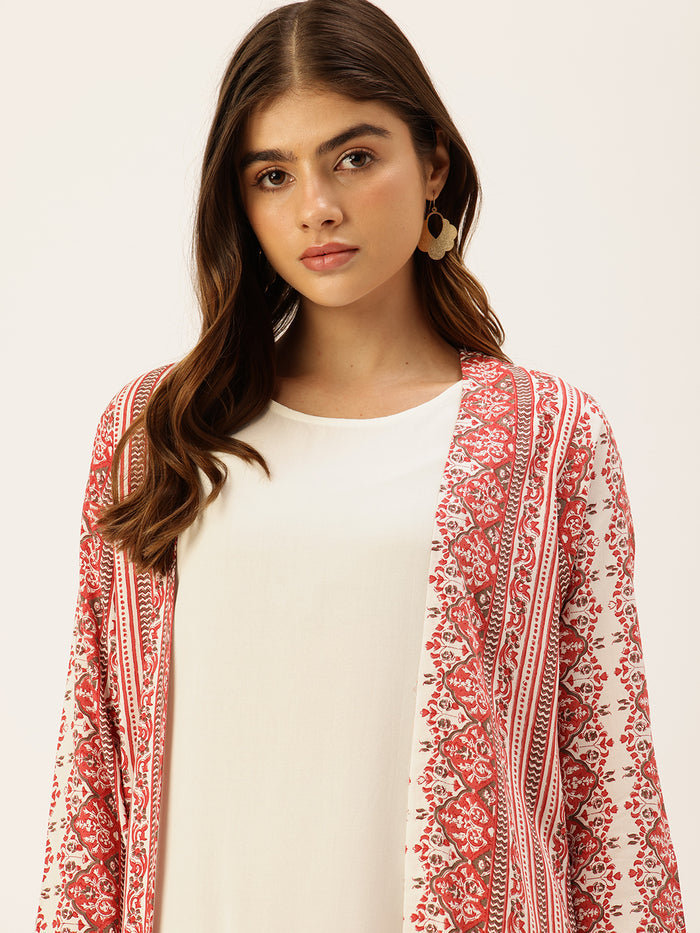 Red & White Printed Midi Dress With Shrug