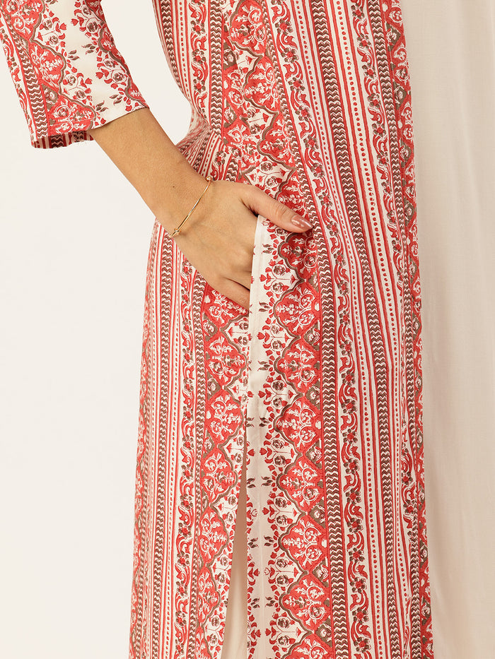 Red & White Printed Midi Dress With Shrug