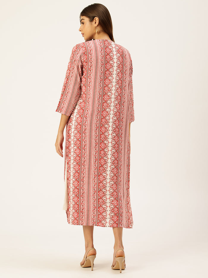Red & White Printed Midi Dress With Shrug