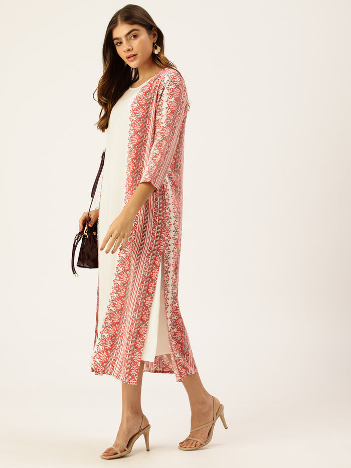 Red & White Printed Midi Dress With Shrug