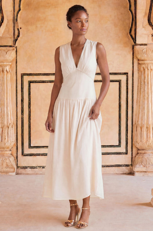 Rhia Dropped Waist Linen Blend Dress | Cream