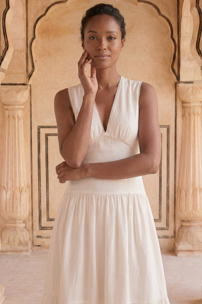 Rhia Dropped Waist Linen Blend Dress | Cream