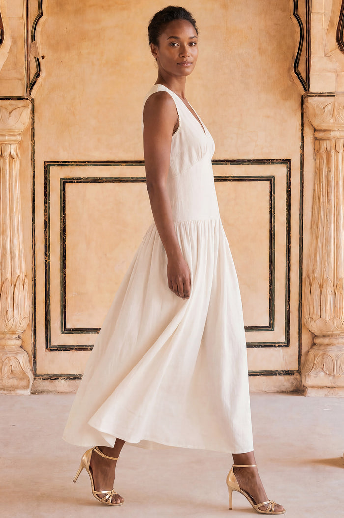 Rhia Dropped Waist Linen Blend Dress | Cream