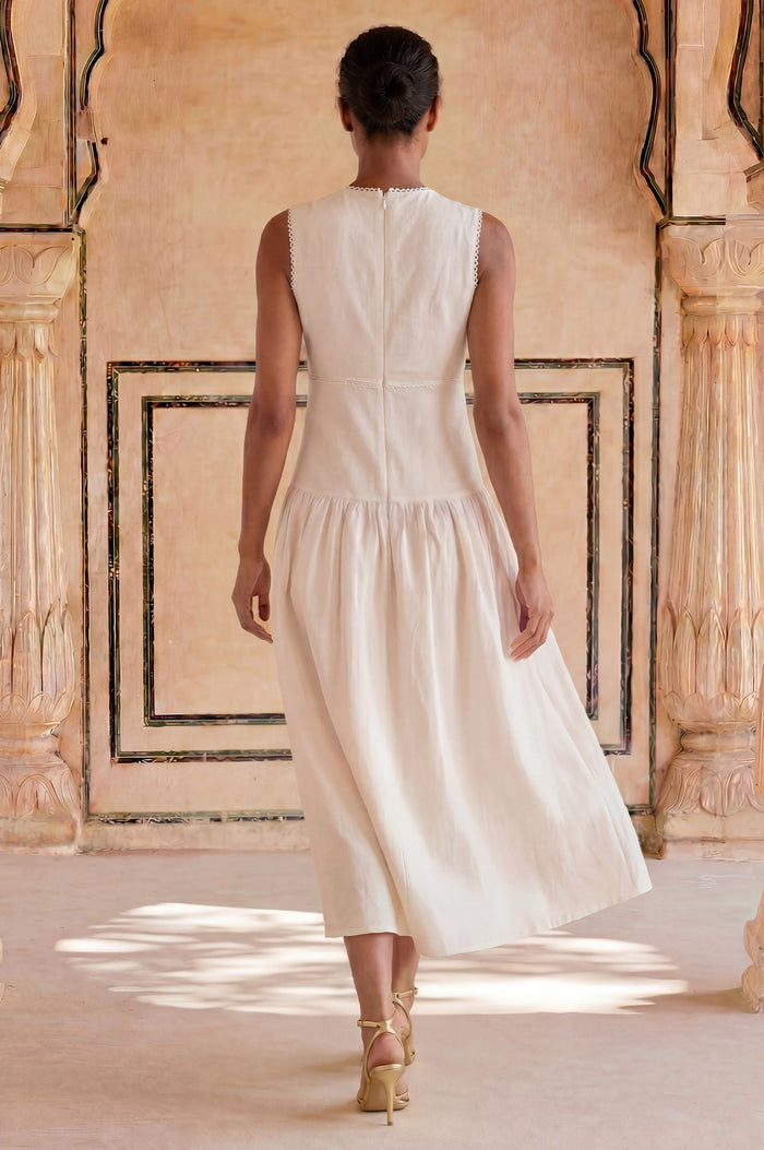 Rhia Dropped Waist Linen Blend Dress | Cream