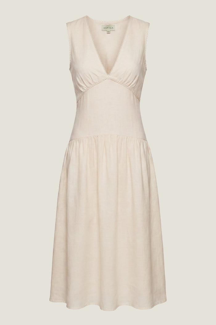 Rhia Dropped Waist Linen Blend Dress | Cream