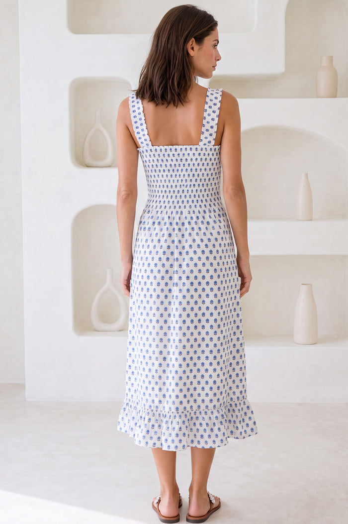 Rhianna Organic Cotton Dress | Fun Flower White/Blue