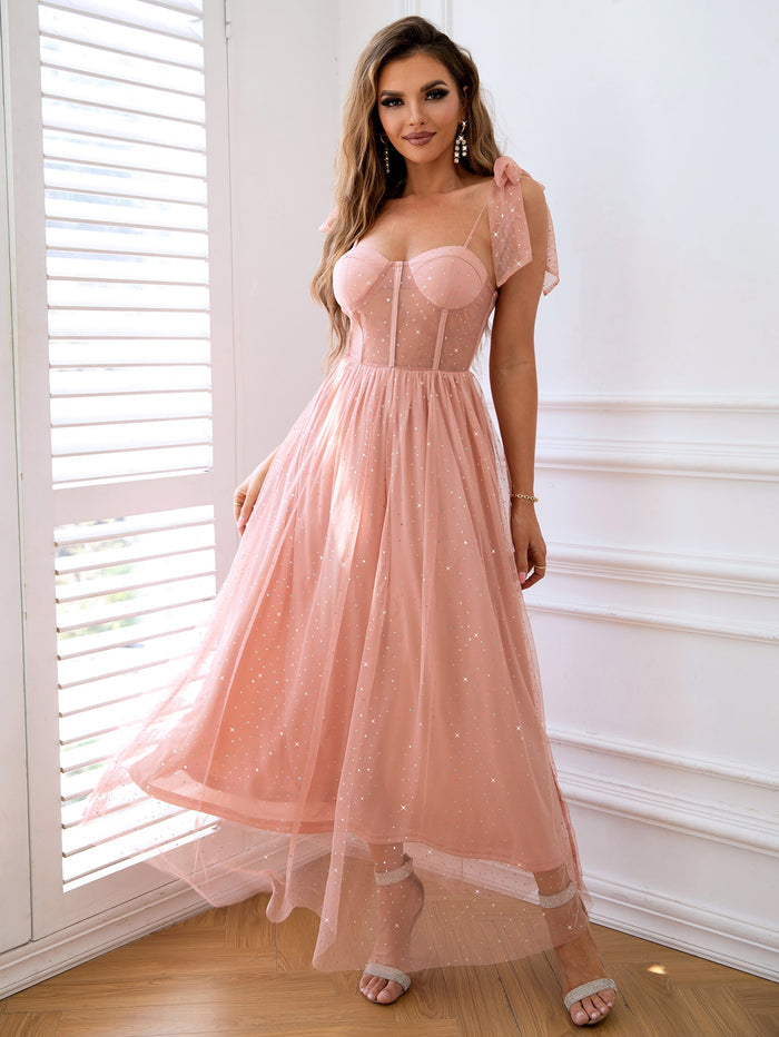 Rhinestone Mesh Overlay Tie-Shoulder Dress - Madikfashions.com