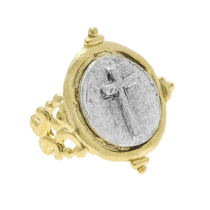 Ring Intaglio Cross Gold & Silver Handcast Adjustable