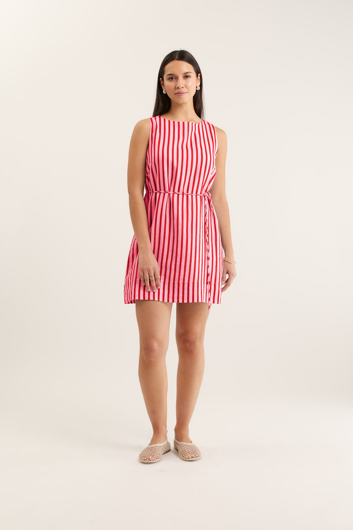 Rommy Breton Linen Dress In Pink/Red