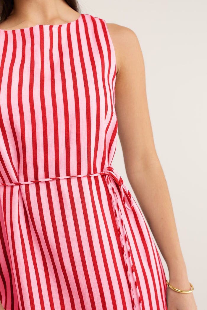 Rommy Breton Linen Dress In Pink/Red