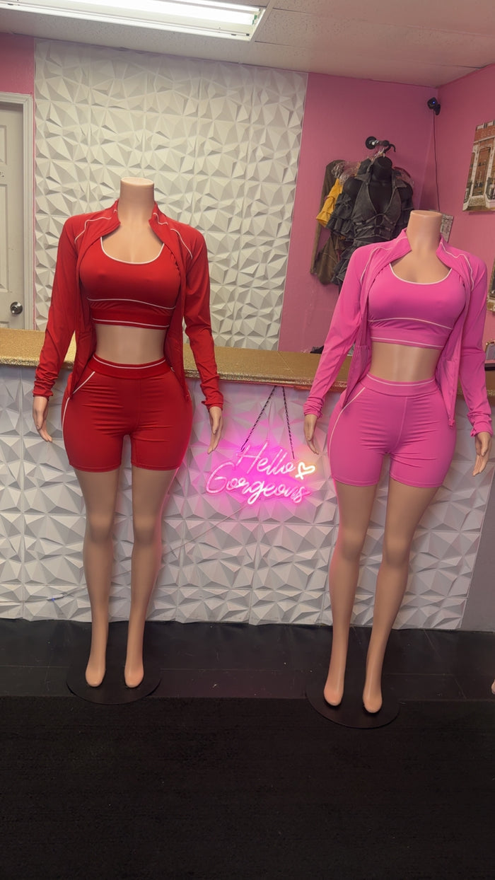 Running Errands 3 Piece Short Set ( Red/ Pink )