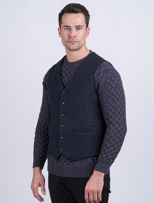Ryan Tweed Herringbone Wool Waistcoat - Navy