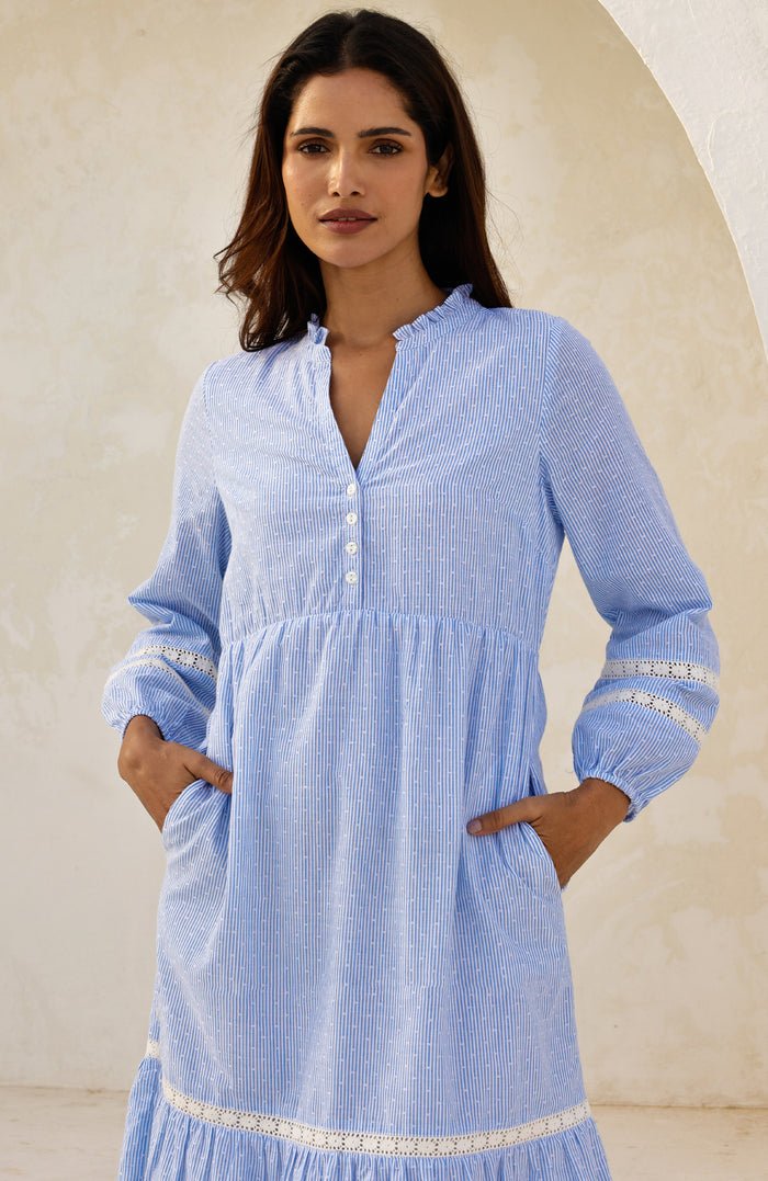 APPROVED Sadie Stripe Dobby Organic Cotton Dress | Blue/White - Aspiga