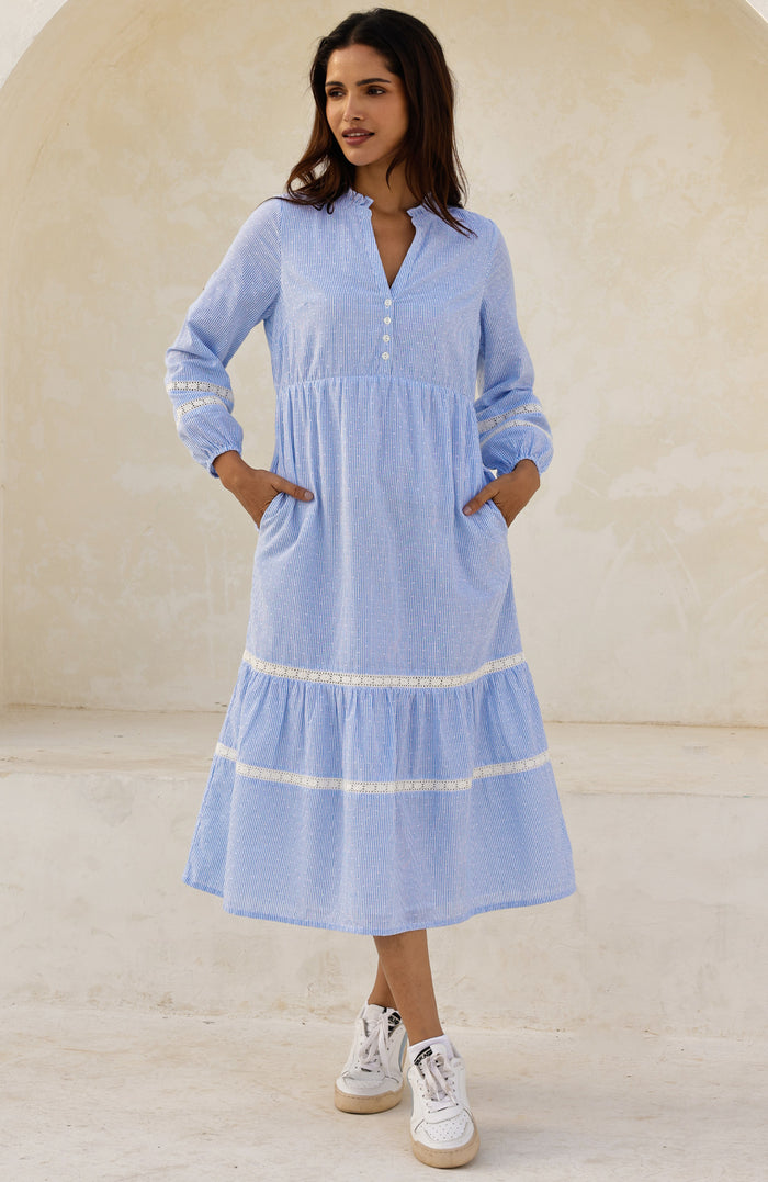 APPROVED Sadie Stripe Dobby Organic Cotton Dress | Blue/White - Aspiga