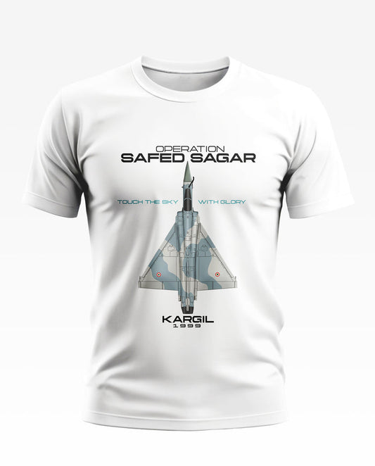 White men's t-shirt featuring a fighter jet graphic and 'Operation Safed Sagar Kargil 1999' text