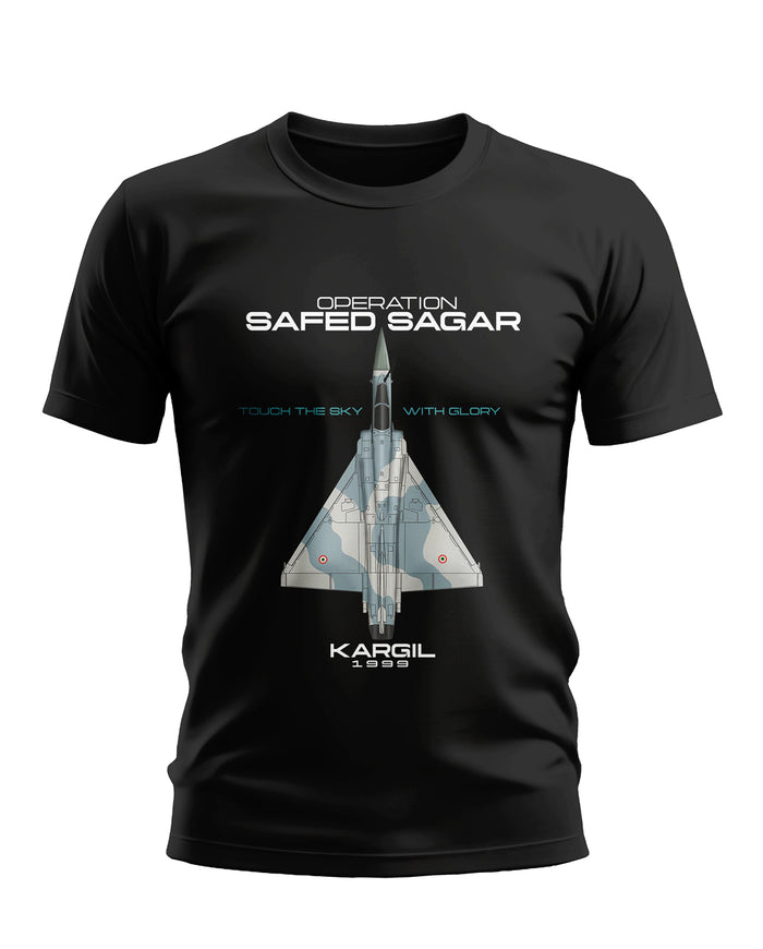 Black men's t-shirt featuring Operation Safed Sagar Kargil 1999 fighter jet graphic print.