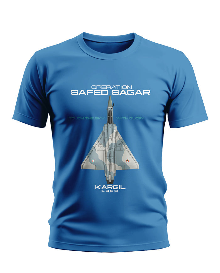 Blue men's T-shirt with fighter jet and 'Operation Safed Sagar Kargil 1999' graphic print