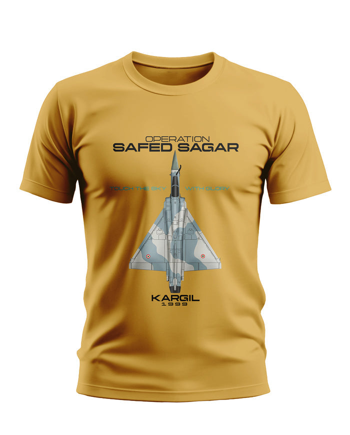 Yellow men's t-shirt with fighter jet graphic and 'Operation Safed Sagar Kargil 1999' text