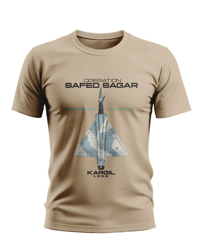 Beige men's t-shirt with fighter jet graphic and Operation Safed Sagar Kargil 1999 text