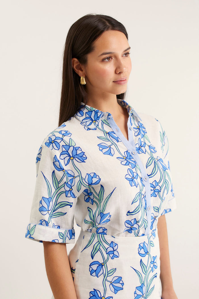 Sasha Linen Shirt In Blue Vine Print