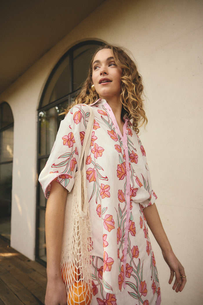 Sasha Linen Shirt In Pink  Vine Print