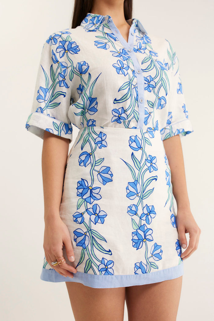 Saskia Linen Skirt  In Blue Vine Print