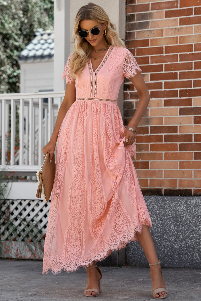 Scalloped Trim Lace Plunge Dress - Madikfashions.com