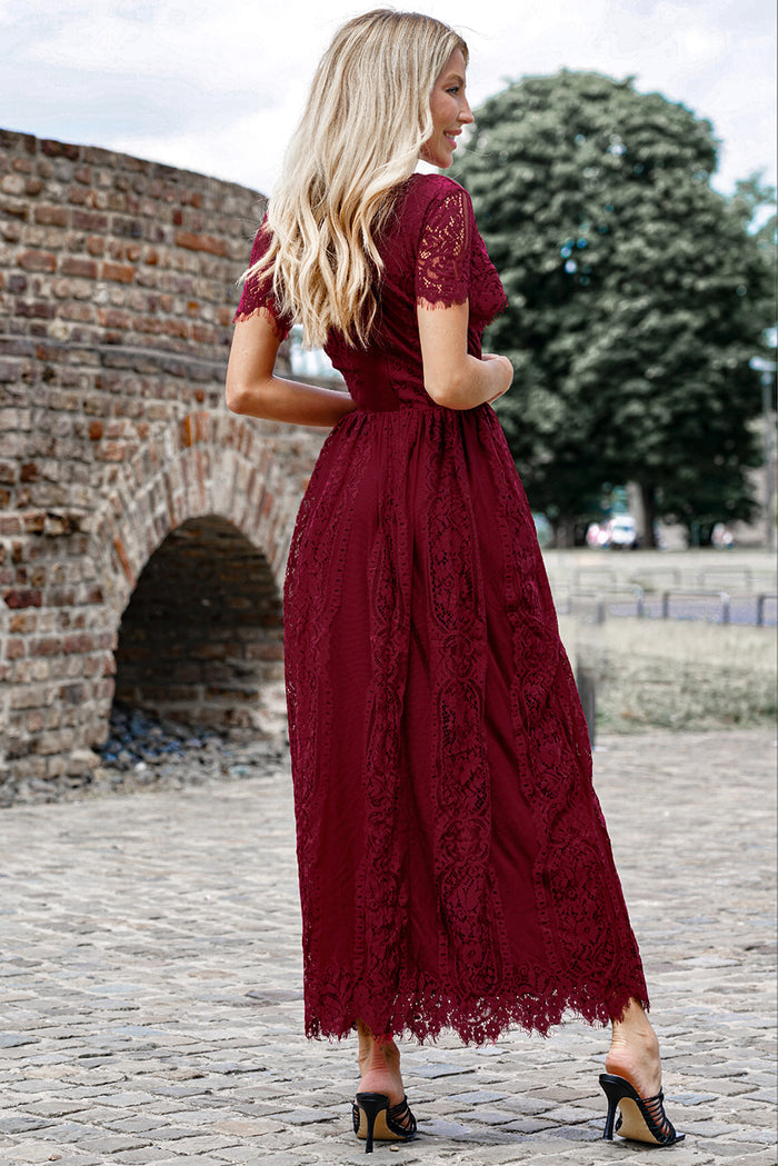 Scalloped Trim Lace Plunge Dress - Madikfashions.com