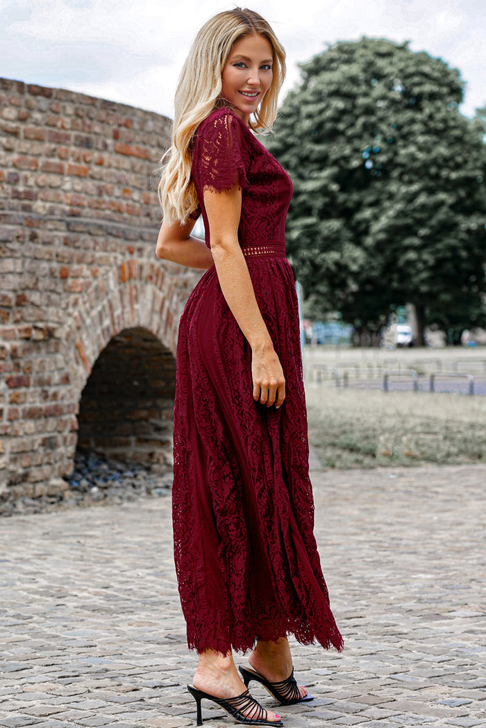 Scalloped Trim Lace Plunge Dress - Madikfashions.com