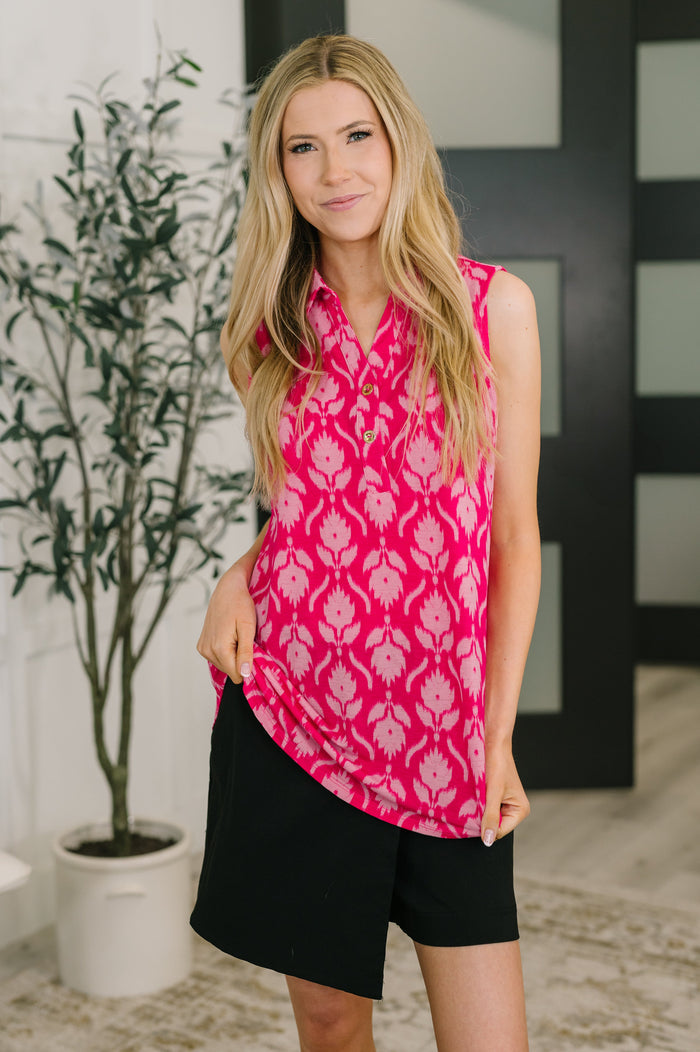 Sea Spray Collared Sleeveless Top in Floral Ikat by Dear Scarlett