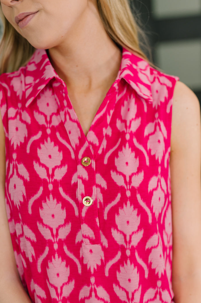 Sea Spray Collared Sleeveless Top in Floral Ikat by Dear Scarlett