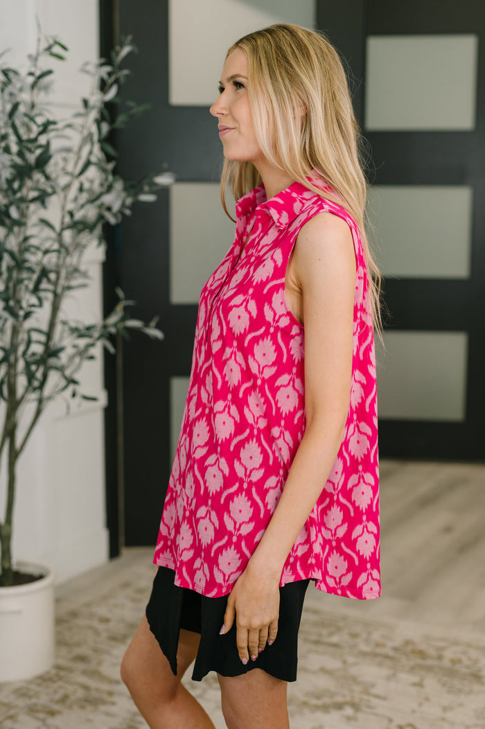 Sea Spray Collared Sleeveless Top in Floral Ikat by Dear Scarlett