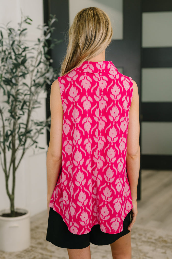 Sea Spray Collared Sleeveless Top in Floral Ikat by Dear Scarlett