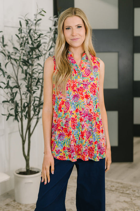 Sea Spray Collared Sleeveless Top in Island Bloom by Dear Scarlett