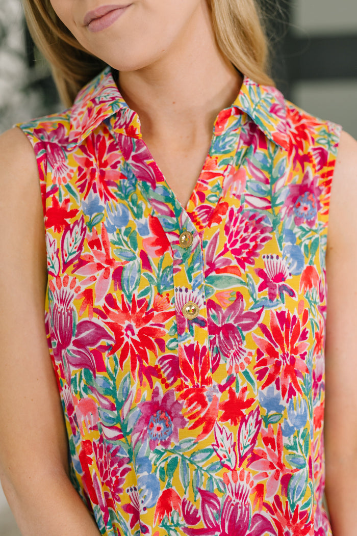 Sea Spray Collared Sleeveless Top in Island Bloom by Dear Scarlett