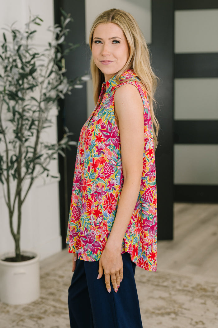 Sea Spray Collared Sleeveless Top in Island Bloom by Dear Scarlett