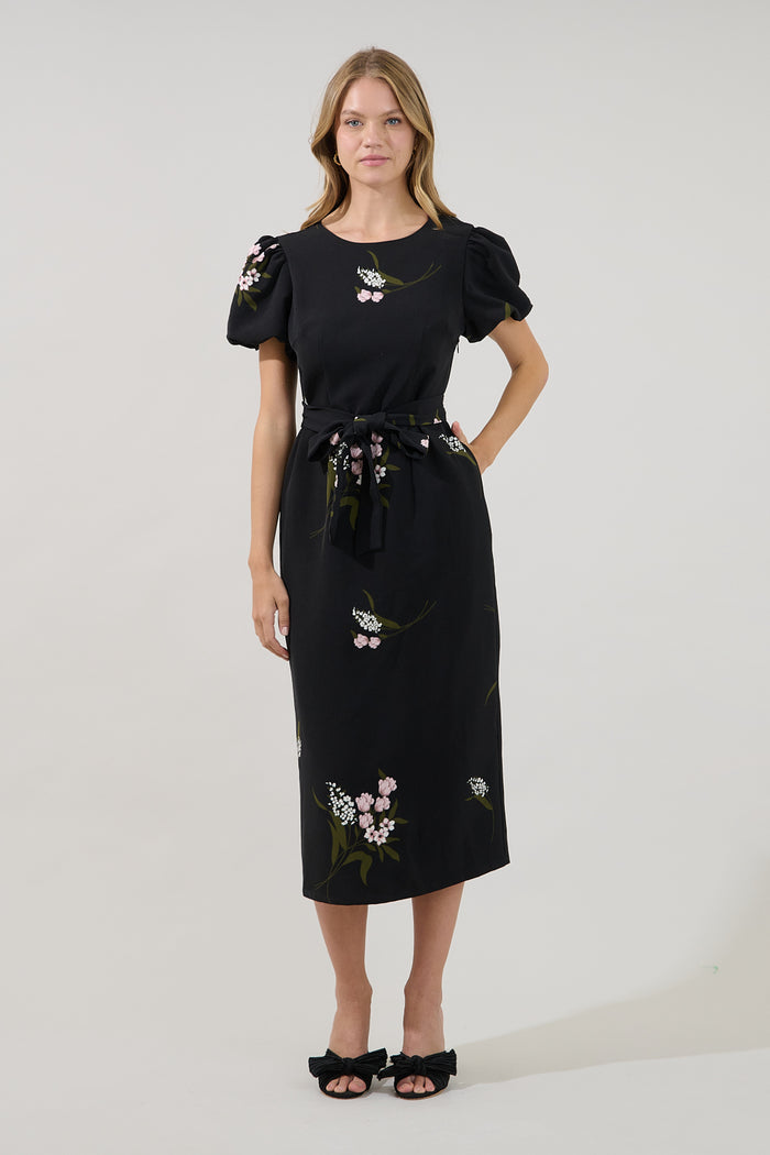 Senidy Puff Sleeve Midi Dress Floral