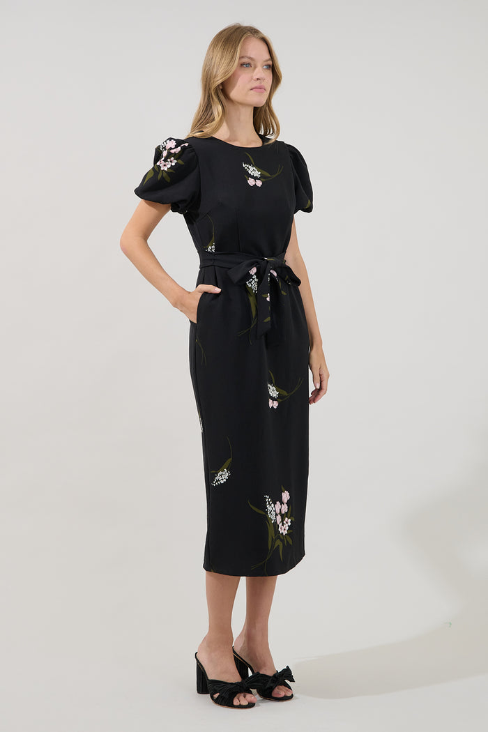 Senidy Puff Sleeve Midi Dress Floral