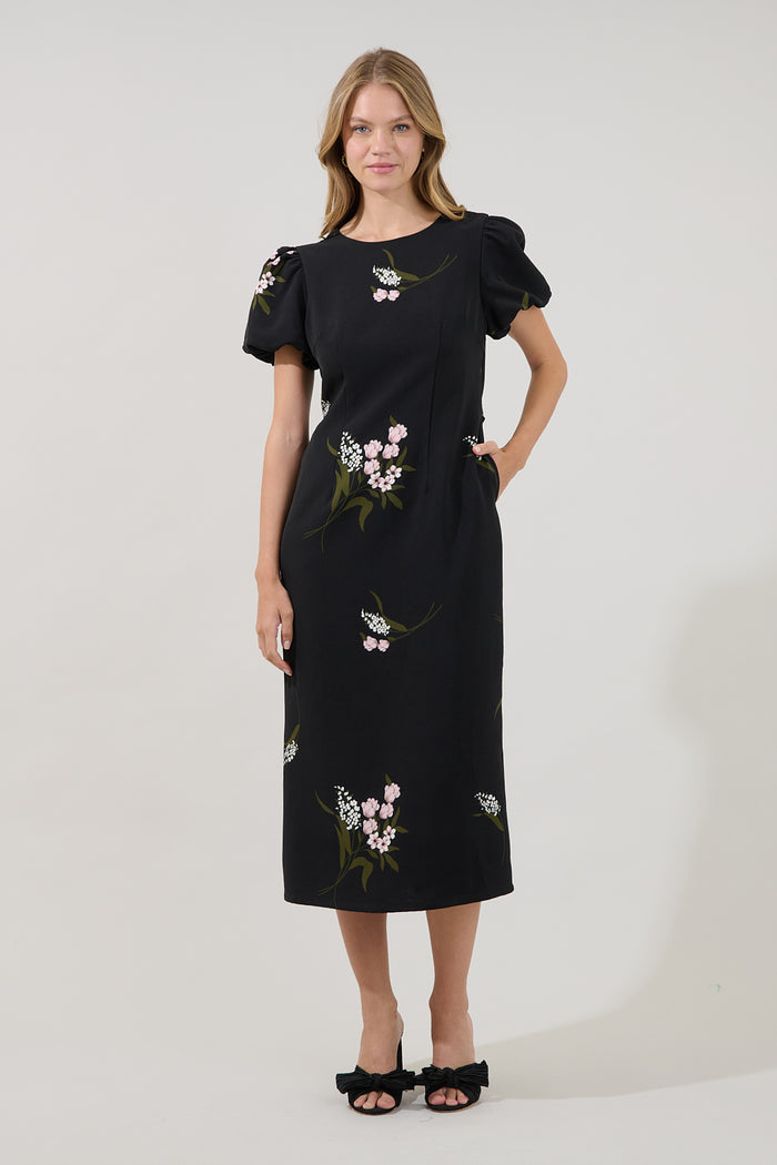 Senidy Puff Sleeve Midi Dress Floral