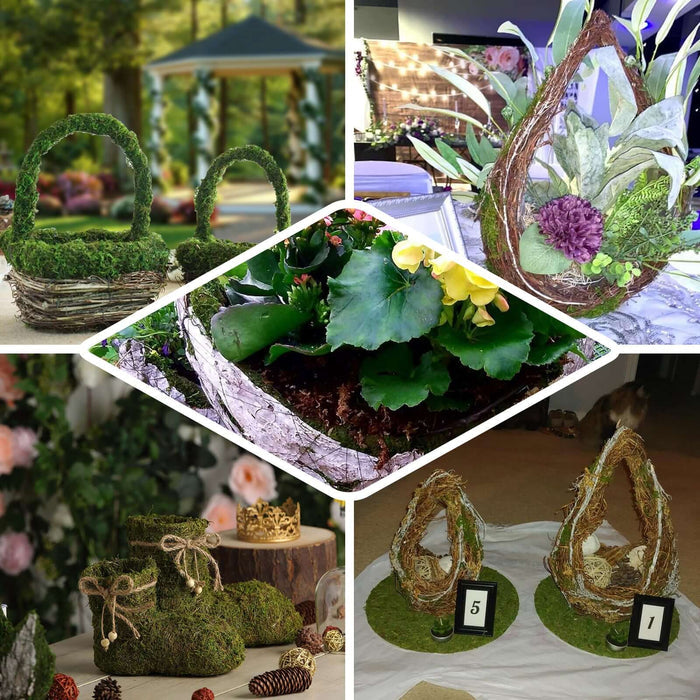Decorative moss baskets and planters for events and home decor.