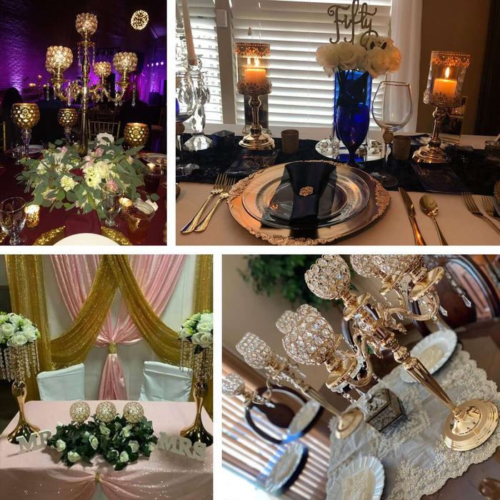 Elegant table settings with decorative centerpieces and romantic lighting.