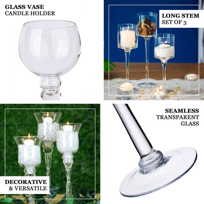 Decorative glass vase candle holder set of 3, seamless transparent design.