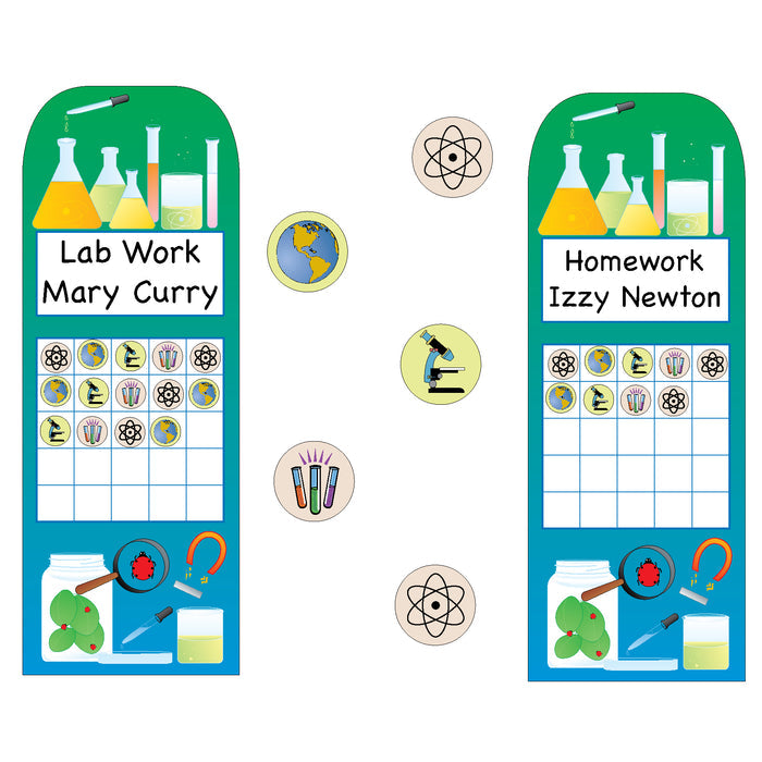 Colorful science stickers for charts, crafts, and goal tracking