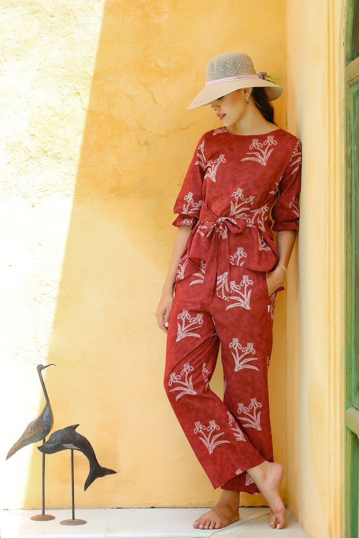 Shibori with Front Knot on Maroon Cotton Co-ord Set