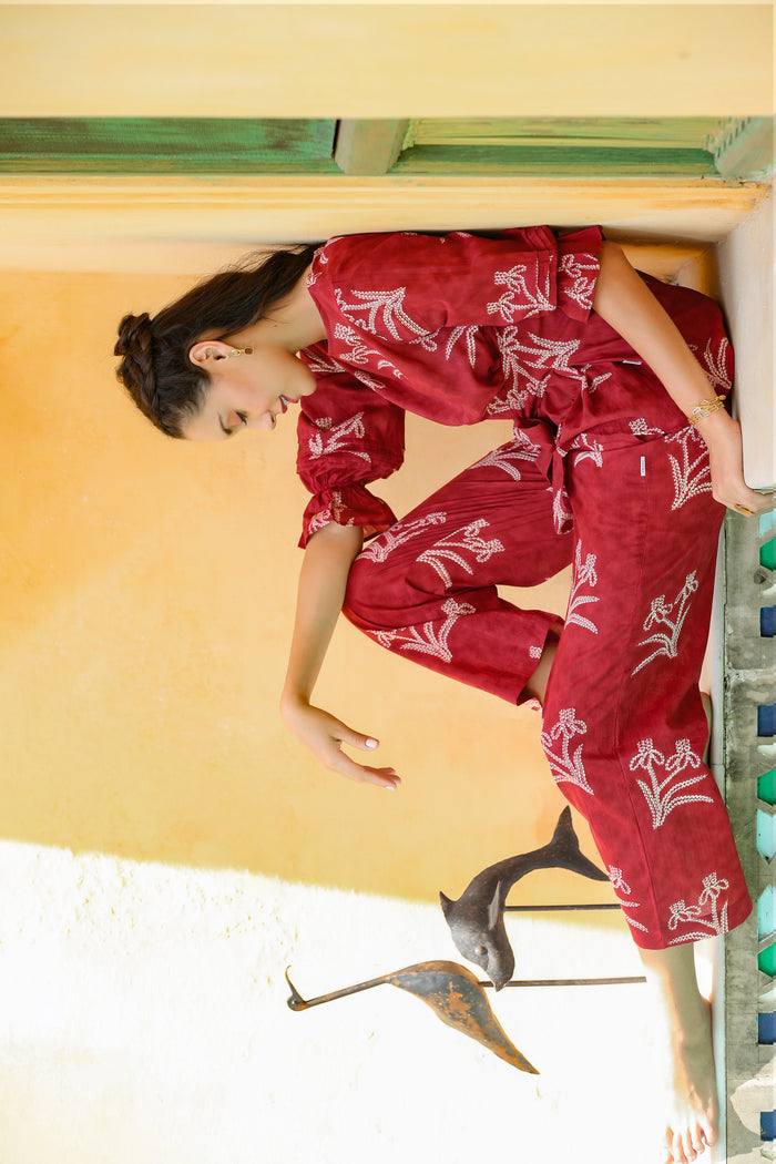 Shibori with Front Knot on Maroon Cotton Co-ord Set