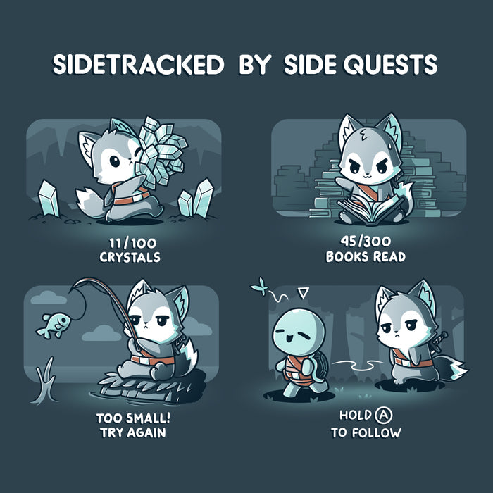 Premium Cotton T-shirt_TeeTurtle denim blue Sidetracked by Side Quests apparel featuring a wolf performing various video game side quests, such as collecting crystals, reading books, fishing, and interacting with NPCs.