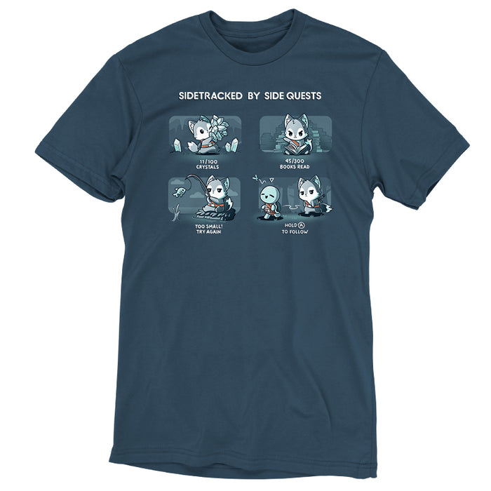 Premium Cotton T-shirt_TeeTurtle denim blue Sidetracked by Side Quests apparel featuring a wolf performing various video game side quests, such as collecting crystals, reading books, fishing, and interacting with NPCs.